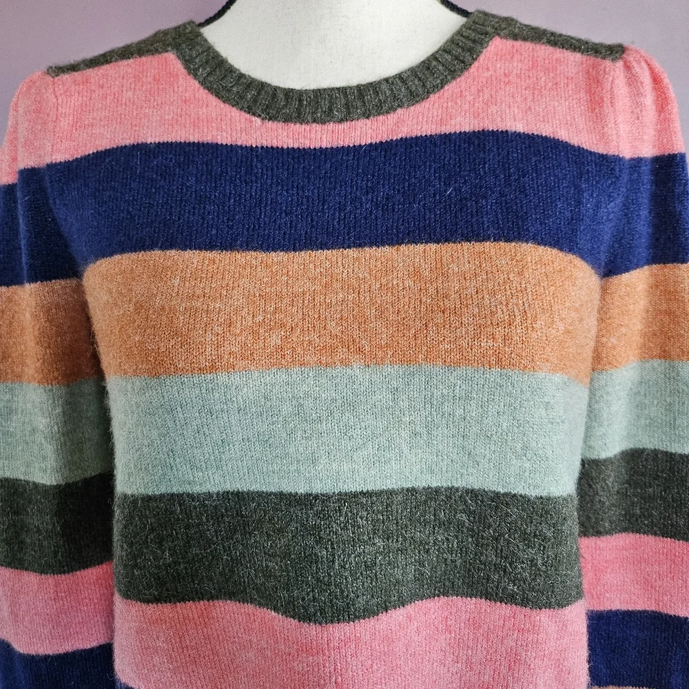 Talbots Multicolor Bold Stripe Acrylic Blend Puff Shoulder Crew Neck Sweater - Picture 3 of 8